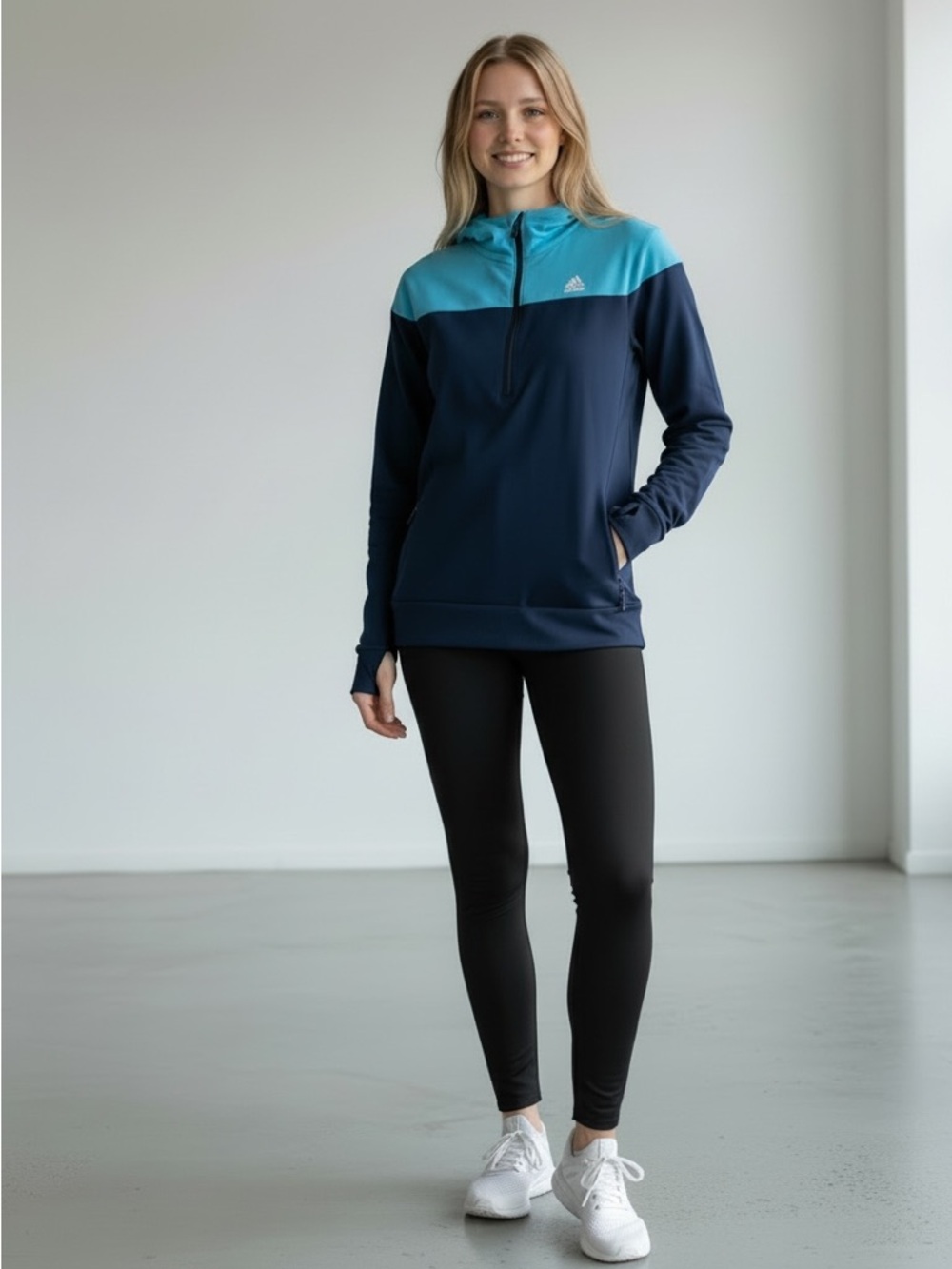 Adidas Climalite Blue Colorblock Brush Fleece Lined 1/2 Zip Pullover Hoodie